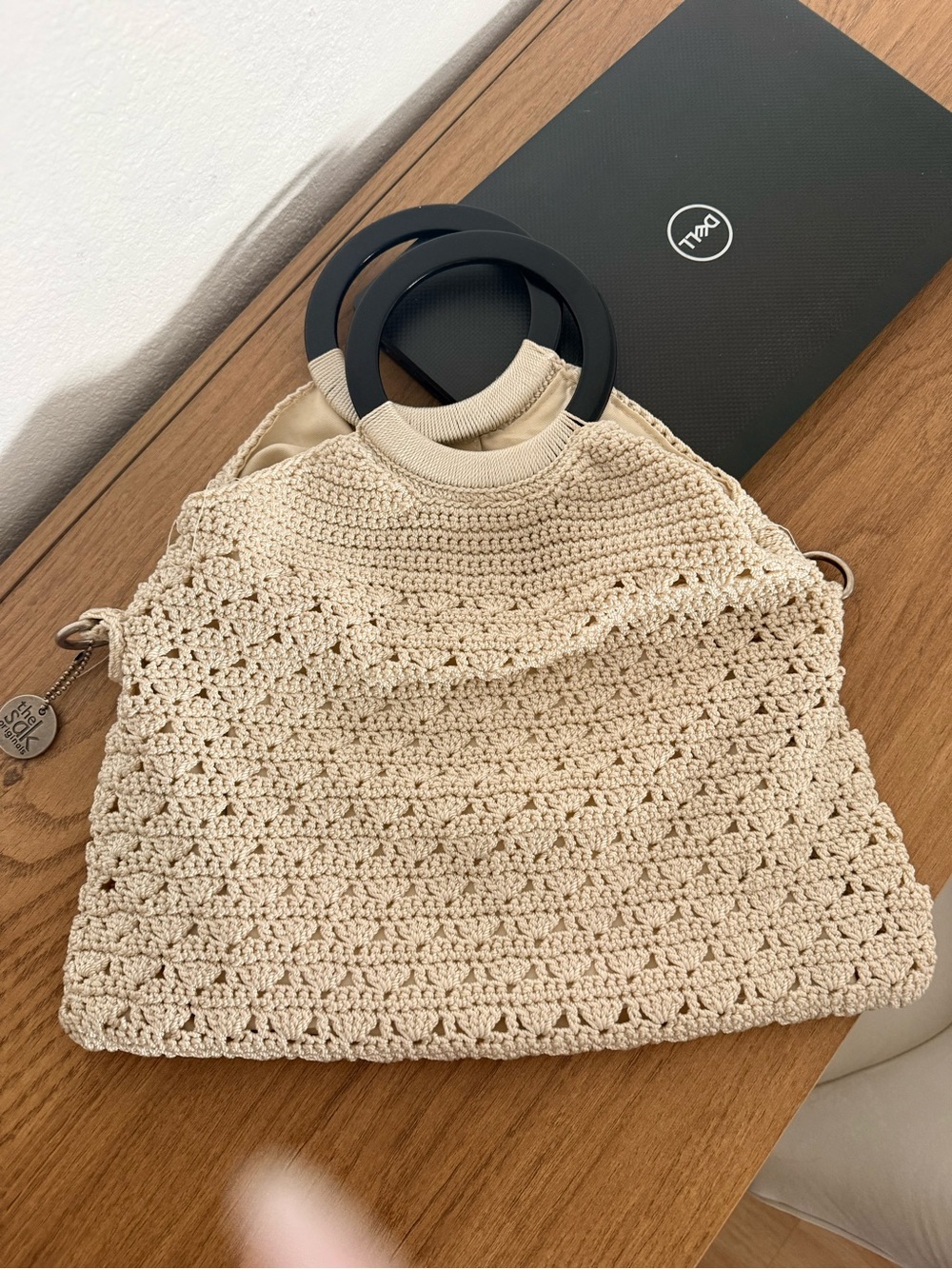 The Sak Beige Crochet Tote with Black Round Handles
